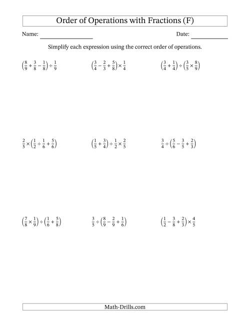 The Order of Operations with Positive Fractions and No Exponents (Three Steps) (F) Math Worksheet