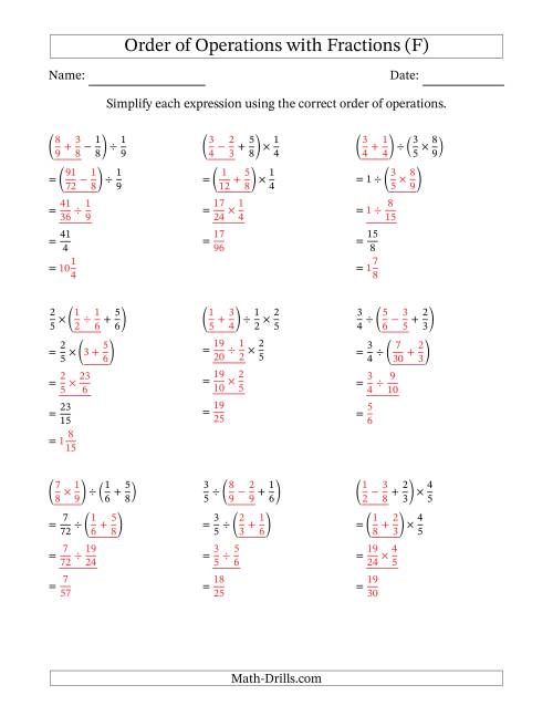 The Order of Operations with Positive Fractions and No Exponents (Three Steps) (F) Math Worksheet Page 2
