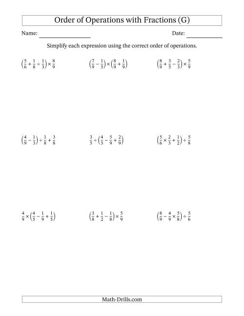 The Order of Operations with Positive Fractions and No Exponents (Three Steps) (G) Math Worksheet