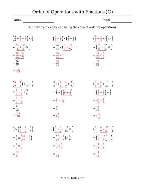 The Order of Operations with Positive Fractions and No Exponents (Three Steps) (G) Math Worksheet Page 2