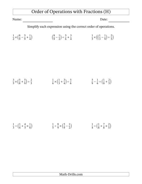 The Order of Operations with Positive Fractions and No Exponents (Three Steps) (H) Math Worksheet