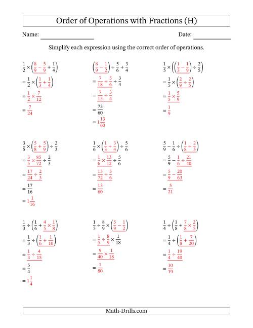 The Order of Operations with Positive Fractions and No Exponents (Three Steps) (H) Math Worksheet Page 2