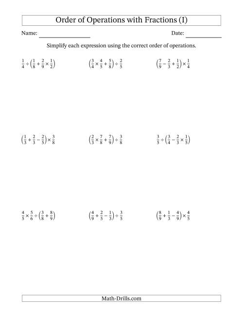 The Order of Operations with Positive Fractions and No Exponents (Three Steps) (I) Math Worksheet