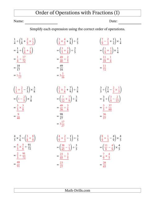 The Order of Operations with Positive Fractions and No Exponents (Three Steps) (I) Math Worksheet Page 2