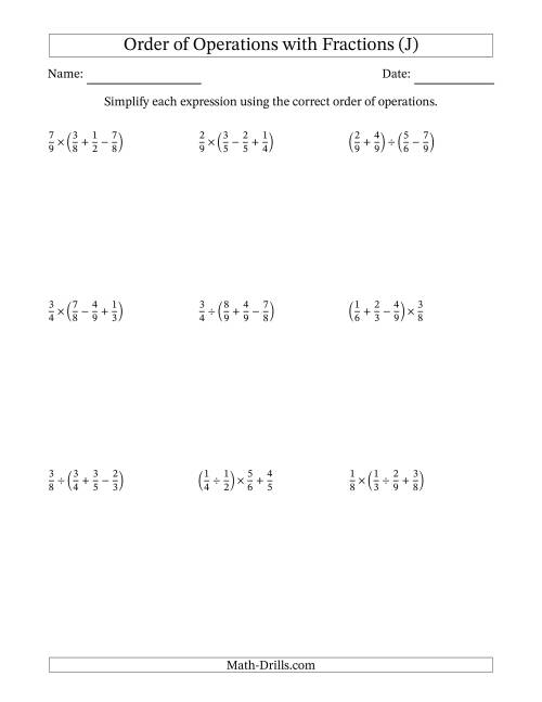 The Order of Operations with Positive Fractions and No Exponents (Three Steps) (J) Math Worksheet