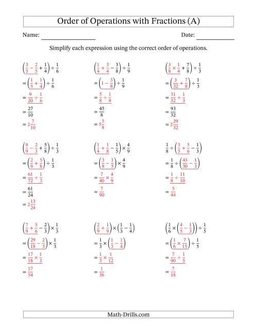 The Order of Operations with Positive Fractions and No Exponents (Three Steps) (All) Math Worksheet Page 2