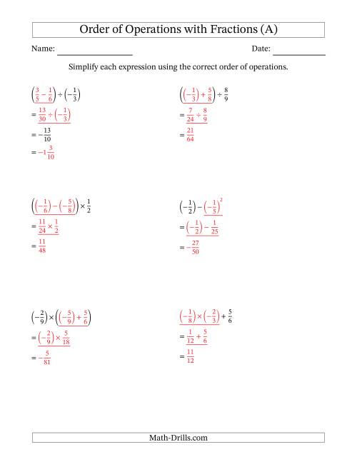 The Order of Operations with Negative and Positive Fractions (Two Steps) (A) Math Worksheet Page 2