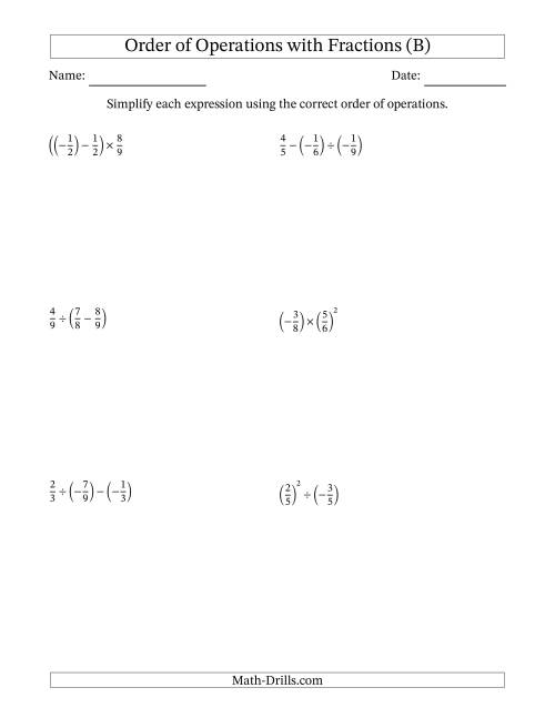 The Order of Operations with Negative and Positive Fractions (Two Steps) (B) Math Worksheet