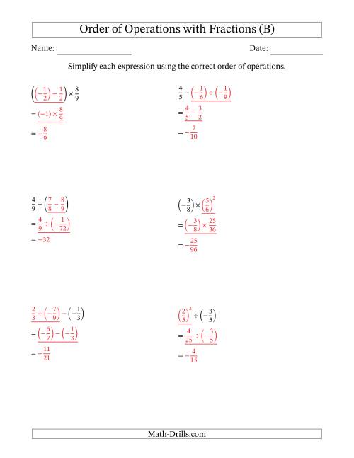 The Order of Operations with Negative and Positive Fractions (Two Steps) (B) Math Worksheet Page 2