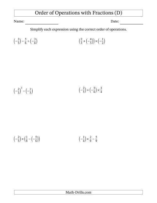 The Order of Operations with Negative and Positive Fractions (Two Steps) (D) Math Worksheet