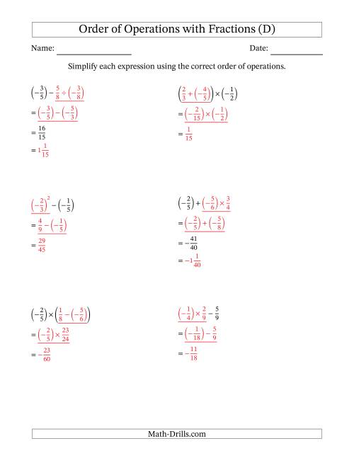 The Order of Operations with Negative and Positive Fractions (Two Steps) (D) Math Worksheet Page 2