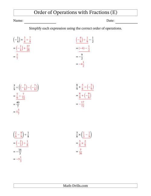 The Order of Operations with Negative and Positive Fractions (Two Steps) (E) Math Worksheet Page 2