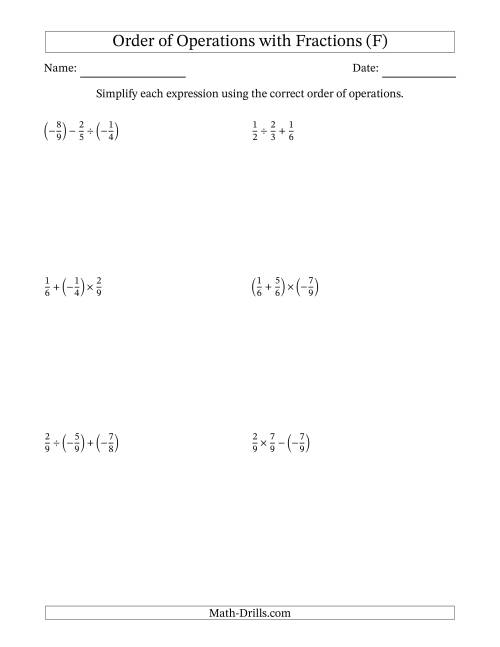 The Order of Operations with Negative and Positive Fractions (Two Steps) (F) Math Worksheet