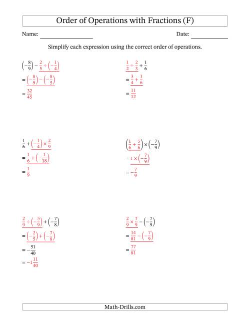 The Order of Operations with Negative and Positive Fractions (Two Steps) (F) Math Worksheet Page 2
