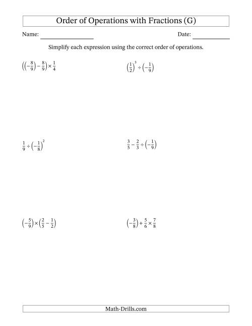 The Order of Operations with Negative and Positive Fractions (Two Steps) (G) Math Worksheet