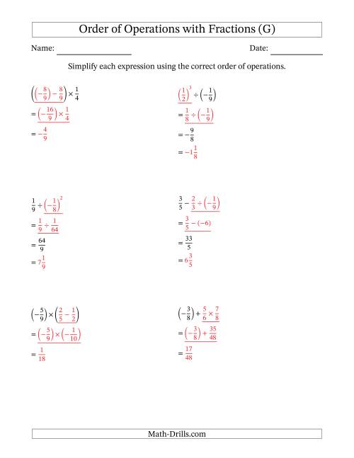 The Order of Operations with Negative and Positive Fractions (Two Steps) (G) Math Worksheet Page 2