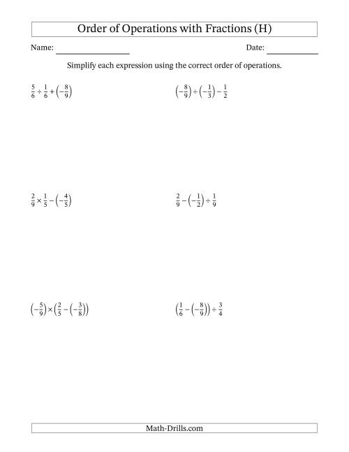 The Order of Operations with Negative and Positive Fractions (Two Steps) (H) Math Worksheet