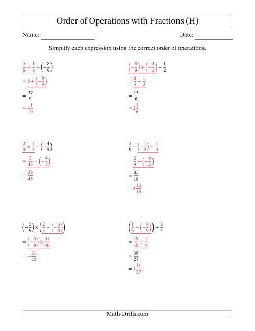 The Order of Operations with Negative and Positive Fractions (Two Steps) (H) Math Worksheet Page 2