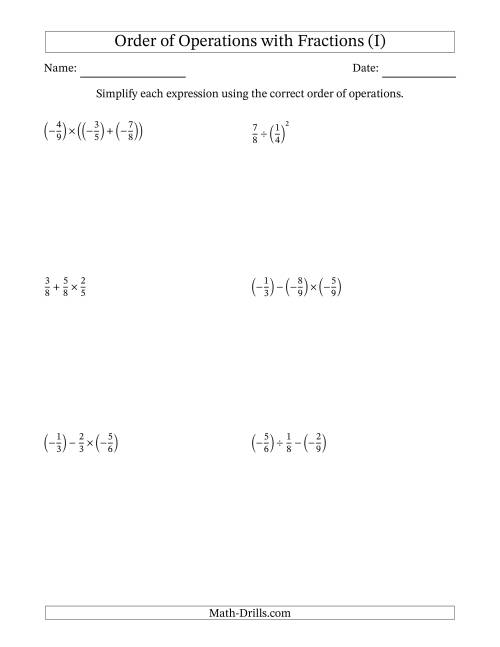 The Order of Operations with Negative and Positive Fractions (Two Steps) (I) Math Worksheet