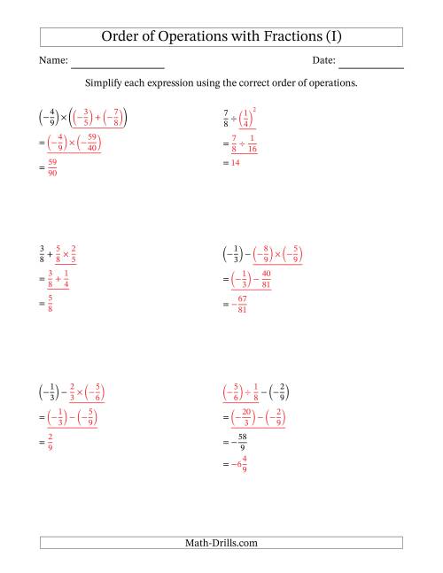 The Order of Operations with Negative and Positive Fractions (Two Steps) (I) Math Worksheet Page 2