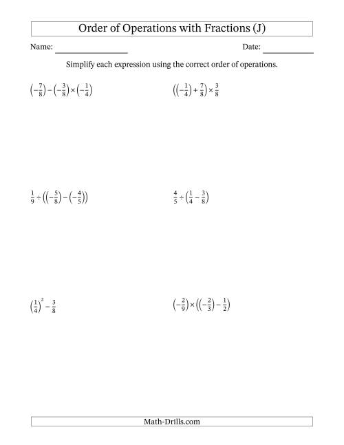 The Order of Operations with Negative and Positive Fractions (Two Steps) (J) Math Worksheet