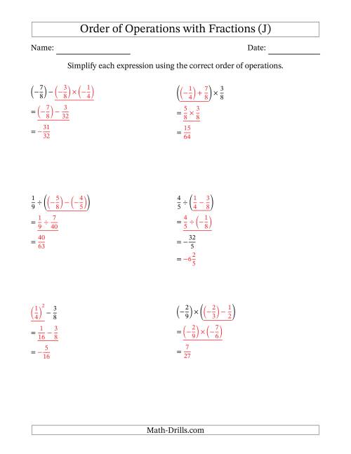 The Order of Operations with Negative and Positive Fractions (Two Steps) (J) Math Worksheet Page 2