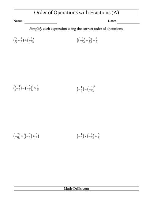 The Order of Operations with Negative and Positive Fractions (Two Steps) (All) Math Worksheet