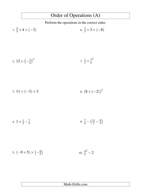 The Fractions Order of Operations -- Two Steps Including Negative Fractions (Old) Math Worksheet