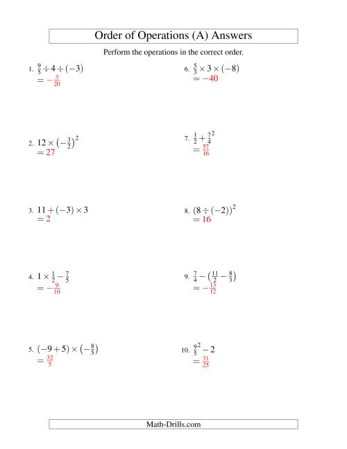 The Fractions Order of Operations -- Two Steps Including Negative Fractions (Old) Math Worksheet Page 2