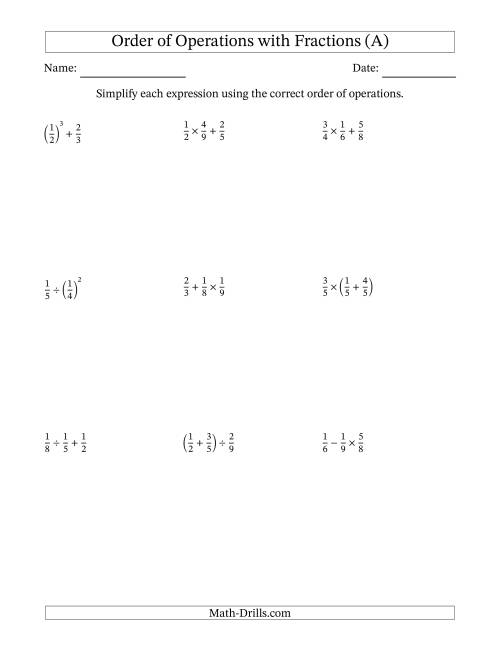 The Order of Operations with Positive Fractions (Two Steps) (A) Math Worksheet