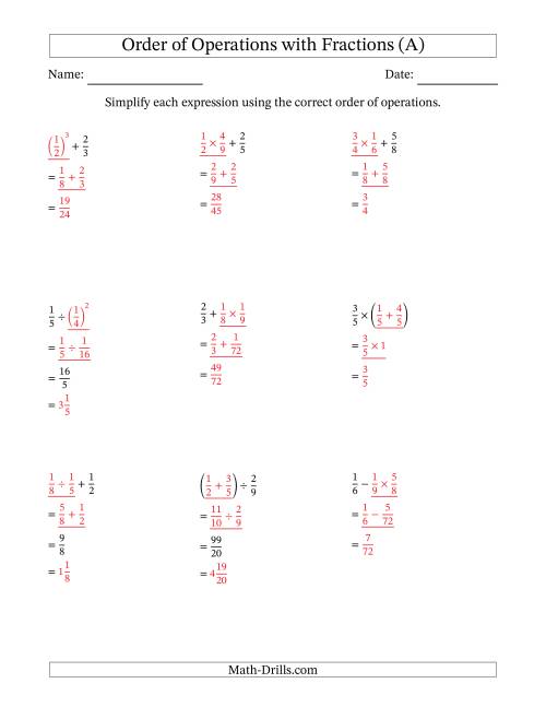 The Order of Operations with Positive Fractions (Two Steps) (A) Math Worksheet Page 2