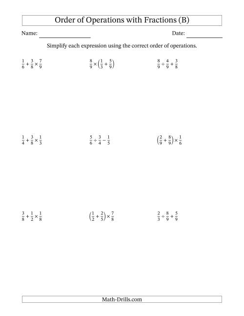 The Order of Operations with Positive Fractions (Two Steps) (B) Math Worksheet