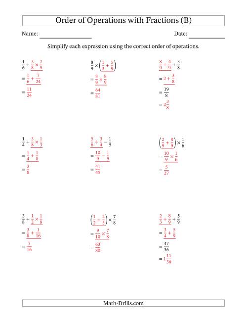 The Order of Operations with Positive Fractions (Two Steps) (B) Math Worksheet Page 2