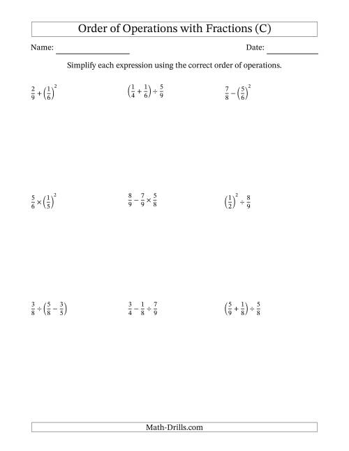 The Order of Operations with Positive Fractions (Two Steps) (C) Math Worksheet