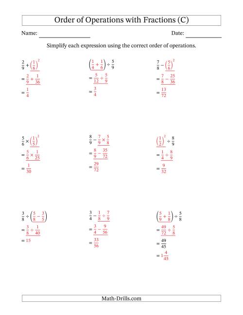 The Order of Operations with Positive Fractions (Two Steps) (C) Math Worksheet Page 2