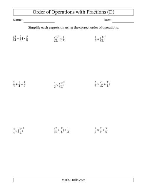 The Order of Operations with Positive Fractions (Two Steps) (D) Math Worksheet