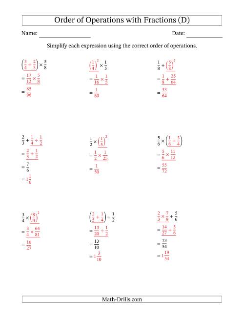 The Order of Operations with Positive Fractions (Two Steps) (D) Math Worksheet Page 2