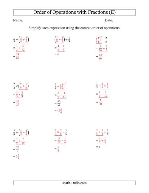 The Order of Operations with Positive Fractions (Two Steps) (E) Math Worksheet Page 2