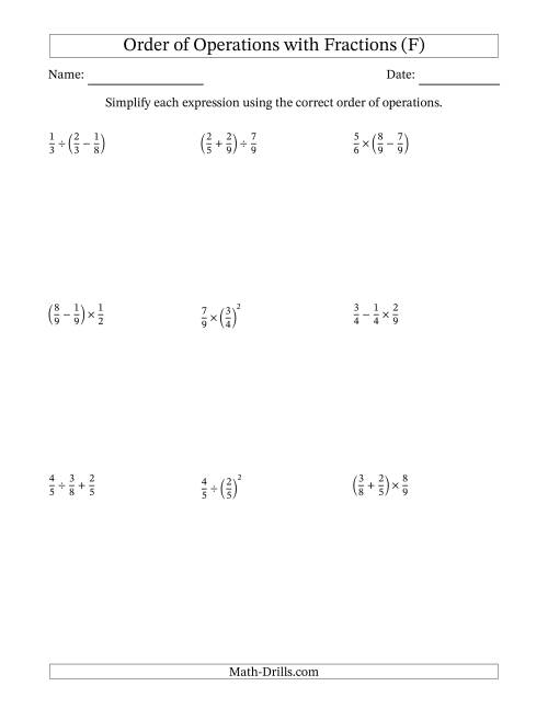 The Order of Operations with Positive Fractions (Two Steps) (F) Math Worksheet