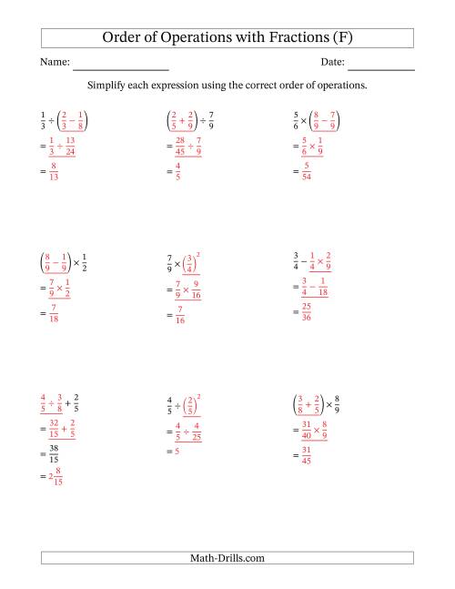 The Order of Operations with Positive Fractions (Two Steps) (F) Math Worksheet Page 2