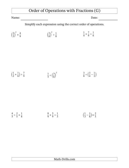 The Order of Operations with Positive Fractions (Two Steps) (G) Math Worksheet