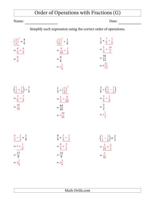 The Order of Operations with Positive Fractions (Two Steps) (G) Math Worksheet Page 2
