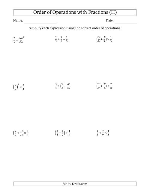 The Order of Operations with Positive Fractions (Two Steps) (H) Math Worksheet