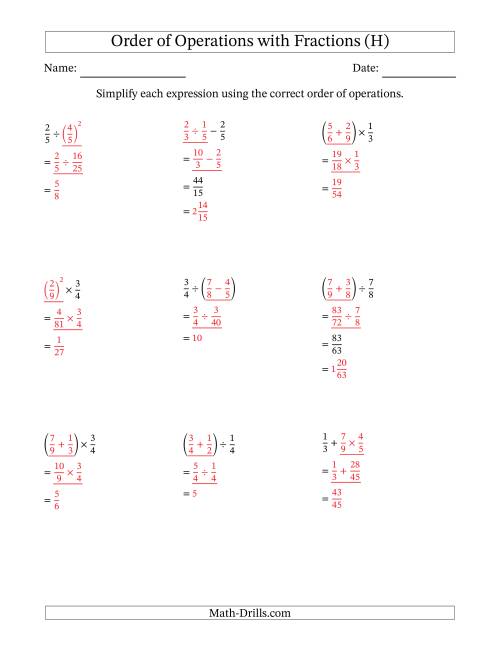 The Order of Operations with Positive Fractions (Two Steps) (H) Math Worksheet Page 2