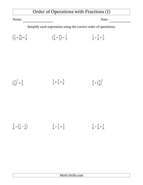 The Order of Operations with Positive Fractions (Two Steps) (I) Math Worksheet