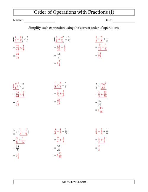 The Order of Operations with Positive Fractions (Two Steps) (I) Math Worksheet Page 2
