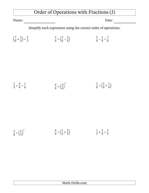 The Order of Operations with Positive Fractions (Two Steps) (J) Math Worksheet