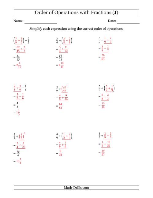 The Order of Operations with Positive Fractions (Two Steps) (J) Math Worksheet Page 2