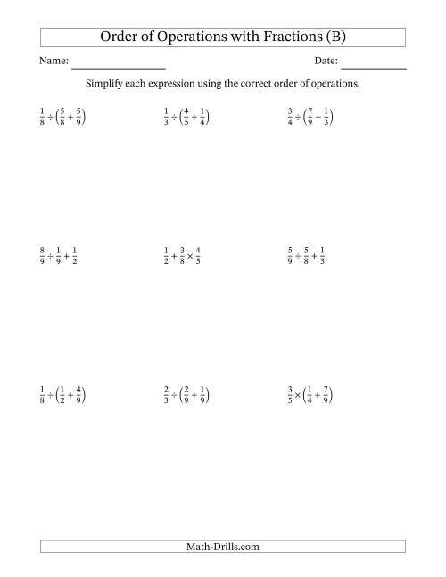 The Order of Operations with Positive Fractions and No Exponents (Two Steps) (B) Math Worksheet
