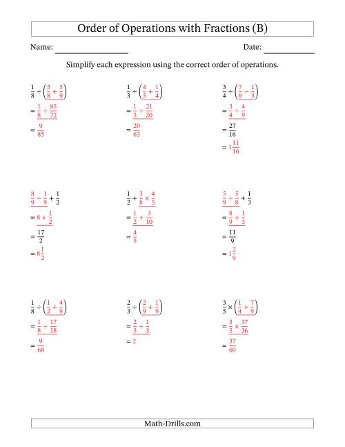 The Order of Operations with Positive Fractions and No Exponents (Two Steps) (B) Math Worksheet Page 2